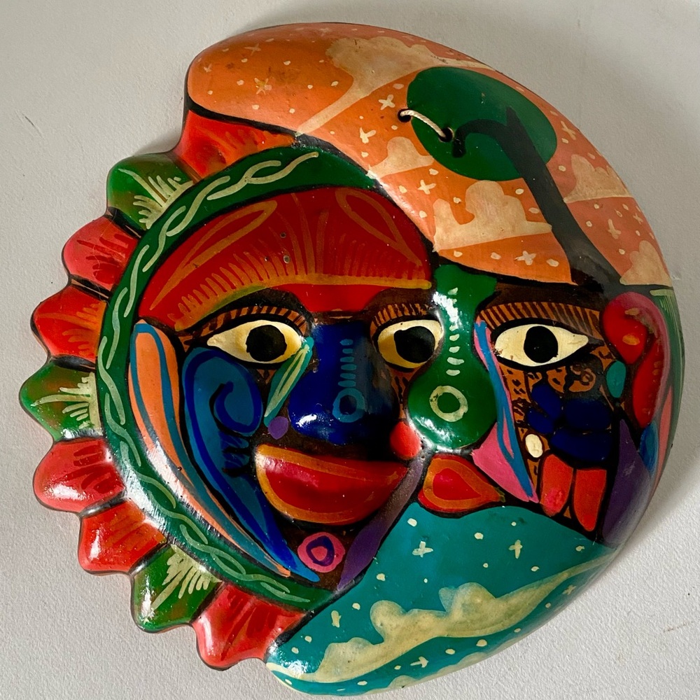 6” Colorful Sun Moon Mexican Clay Pottery Wall Hanging Celestial Decor Folk Art